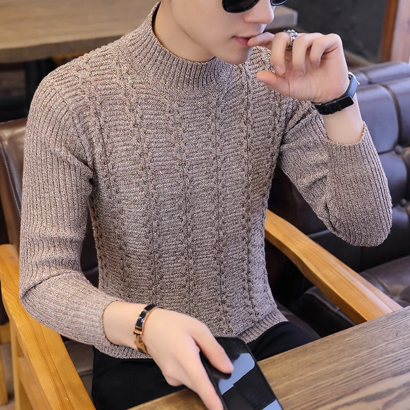 

2019 Autumn Men's Sweater Wear Male Clothing Sleeve High Pullover Solid Color Tide Thick Striped Turtleneck Japan Style Black