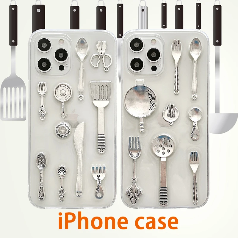 

Suitable for iPhone 12 11 Pro X 7 8 Plus XR XS Max mini mobile phone case kitchen cutler cutlery fork and apple protective case