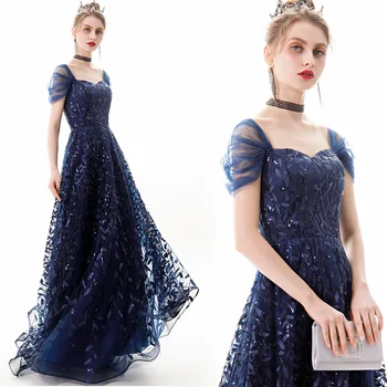 

2020 Elegant Fashion Blue Evening Dresses Sexy Simple V Collar Open Back Sleeveless Embroidered Beads Fishtail Dress Gown