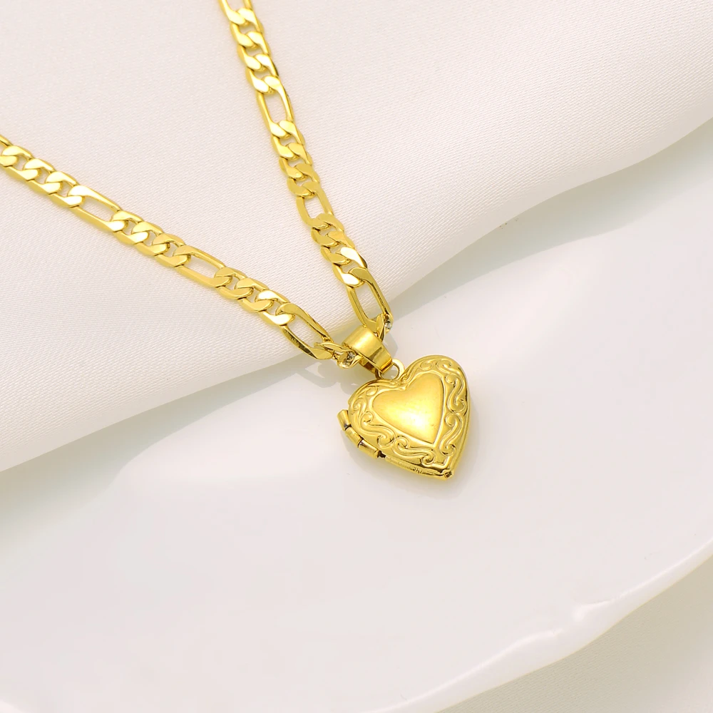 Joyería de oro de 22K, con colgante abierto de corazón con cadena, collar de cadena de eslabones Figaro italiano|Colgantes| - AliExpress