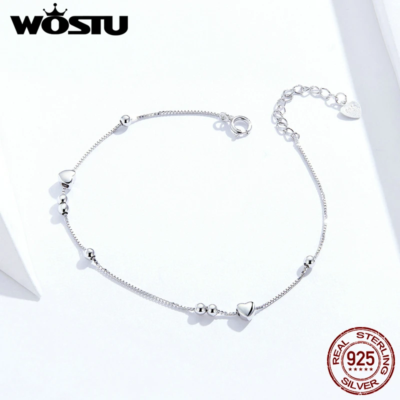 WOSTU, настоящее 925 пробы, серебряный браслет в форме сердца, шарик, цепочка, звено для женщин, оригинальные браслеты, модные свадебные украшения CQB172