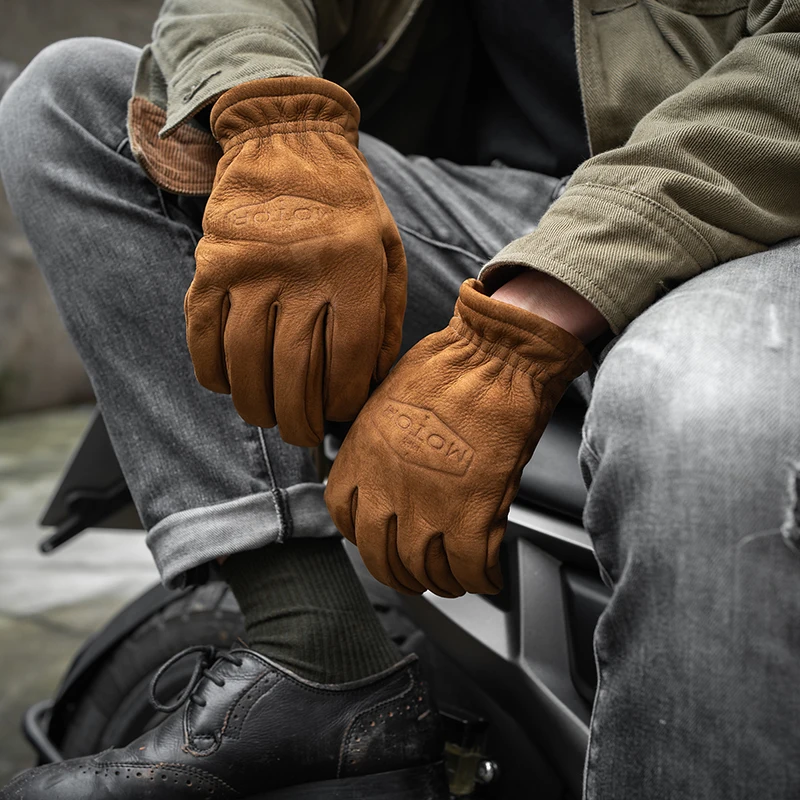 

Men's Frosted Genuine Leather Gloves Men Motorcycle Riding Full Finger Winter Gloves With Fur Vintage Brown Cowhide Leather NR65