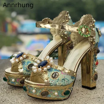 

Sewing Flower Chunky Heel Sandals Women Jeweled Diamond Pearl Decor Banquet Shoes Embroidery High Heel Sandalias Mujer