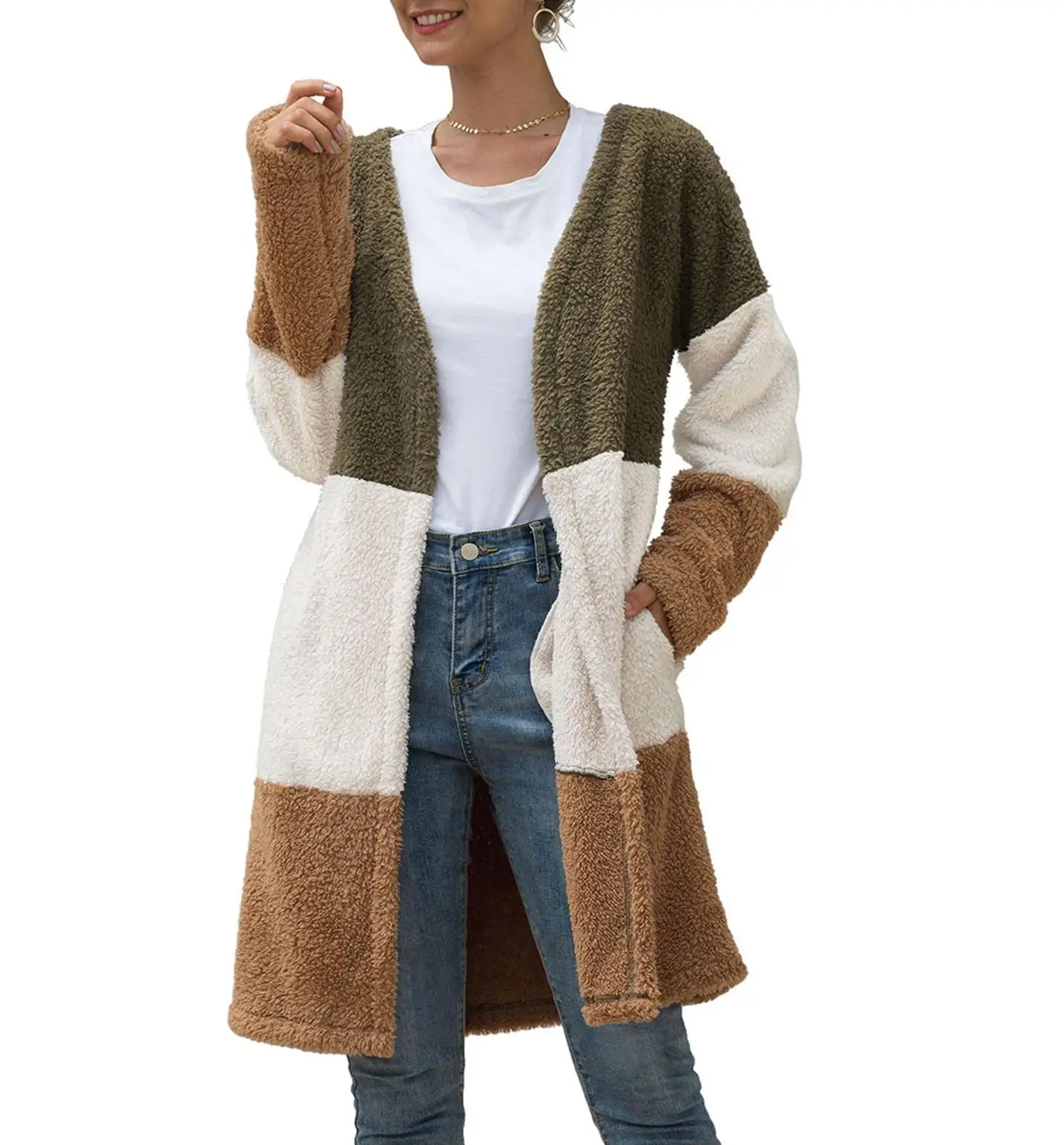 

Women Wardrobe Color Block Long Sleeve Side Pockets Plush Loose Coat Cardigan Outwear