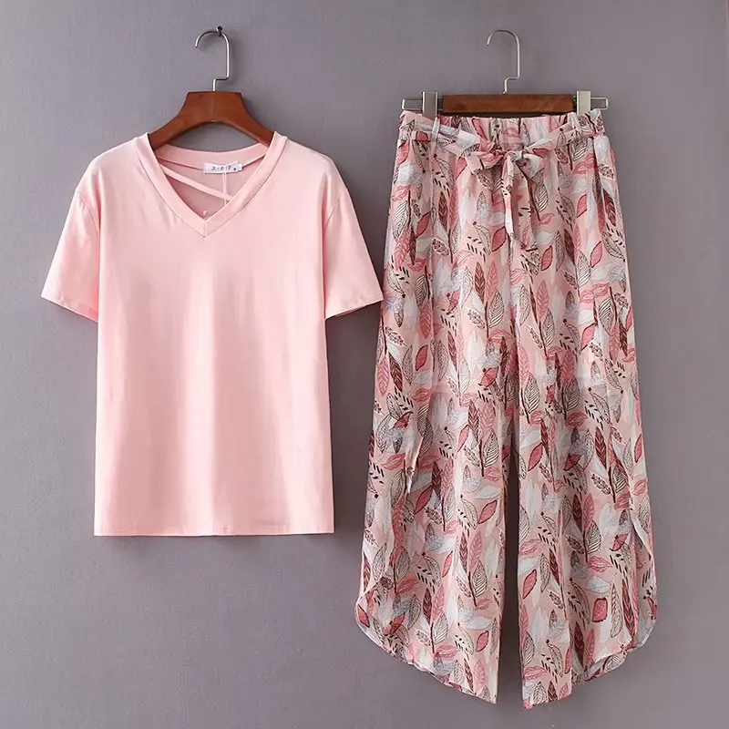 

2018 Summer New Style Korean-style Simple Short Sleeve T-shirt Tops + Leaf Printed Loose Pants Two-Piece Women's J8486