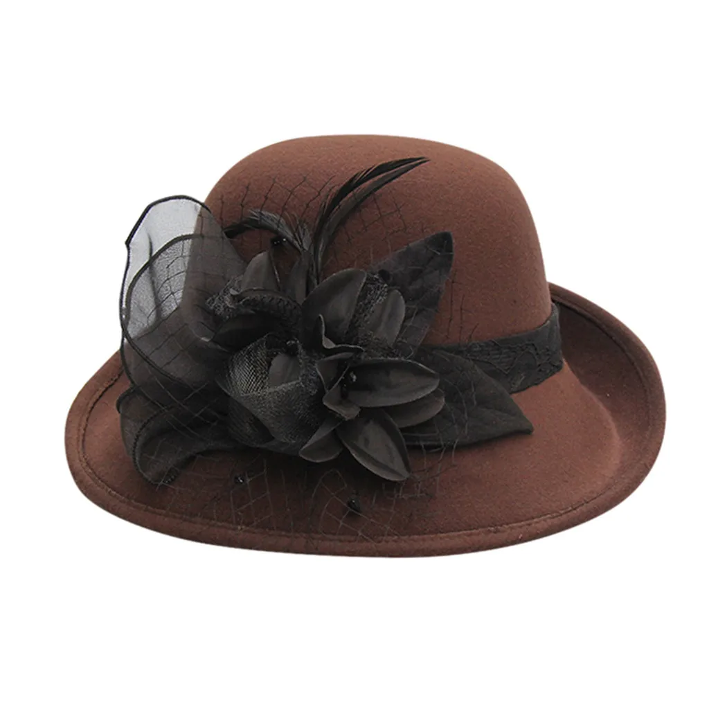 Женская шляпа в рыбацком стиле с перьями и цветами, складная уличная купольная солнцезащитная Кепка, винтажная верхняя шляпа gorros mujer invierno - Цвет: Coffee