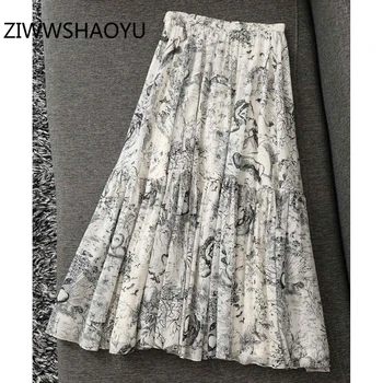 

ZIWWSHAOYU Women Summer Elegant Vintage Midi Skirt Fashion Designer Ladies Forest Animal Print Ruffles Hem Cotton Skirts 2020