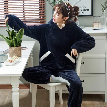 

Blue winter lovers home clothes mens casual pajamas set warm unisex hooded sleeper sets thick women animal sleepwear suits