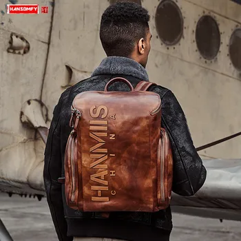 

3D Lettering New Leather Men's Backpack Men Laptop Shoulder Bag Bucket Bag Male Travel Backpacks Retro First Layer Leather