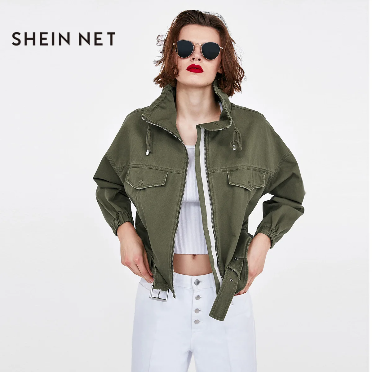

Sheinnet Europe And America Casual Simple Pleated Boyfriend-Style Army Green Workwear Flight Jacket