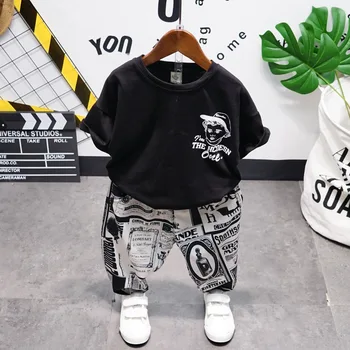

2PCS WLG Boys Clothing Set Kids Summer Black Cartoon Short Sleeve T Shirt and Cartoon Loose Pant Set Baby Boy Fashion Outfits