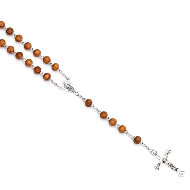 Handmade Round Bead Catholic Rosary Cross Religious Wood Beads Necklace Gift M6CE