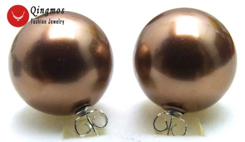 

Qingmos Fashion Sea Shell Pearl Earrings for Women with 18mm Round Brown Sea Shell Pearl Stud Earring Fine Jewelry ear425