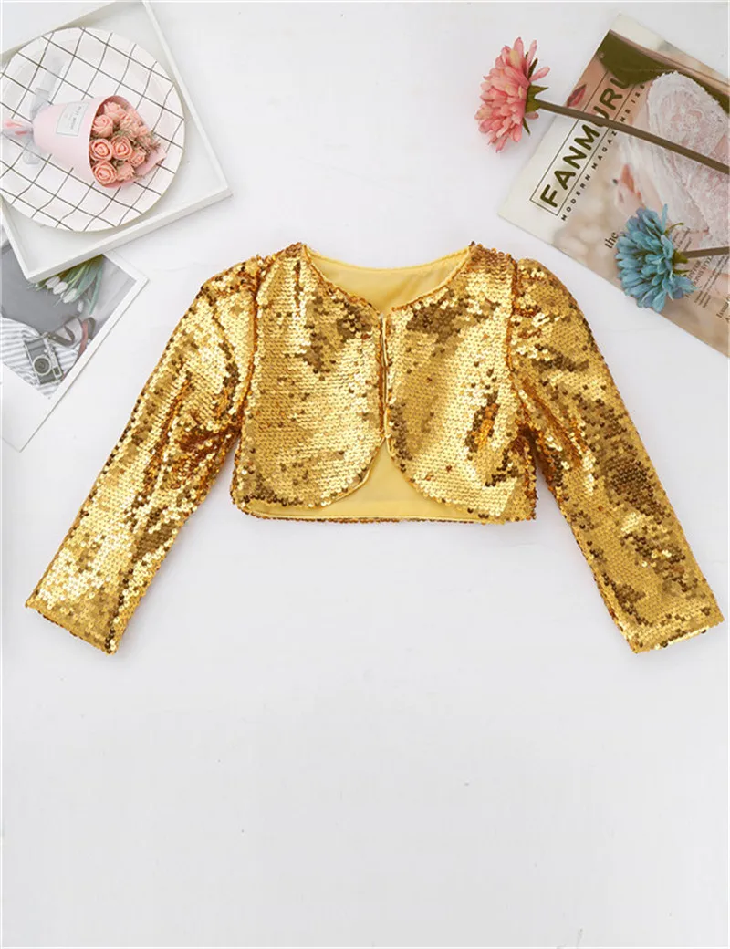 Fashion Kids Girls Shiny Sequins Bolero Shrug Cardigan Top Flower Girls Dress Shrug Wrap Long Sleeve Cropped Coats Short Jacket orange bubble coat