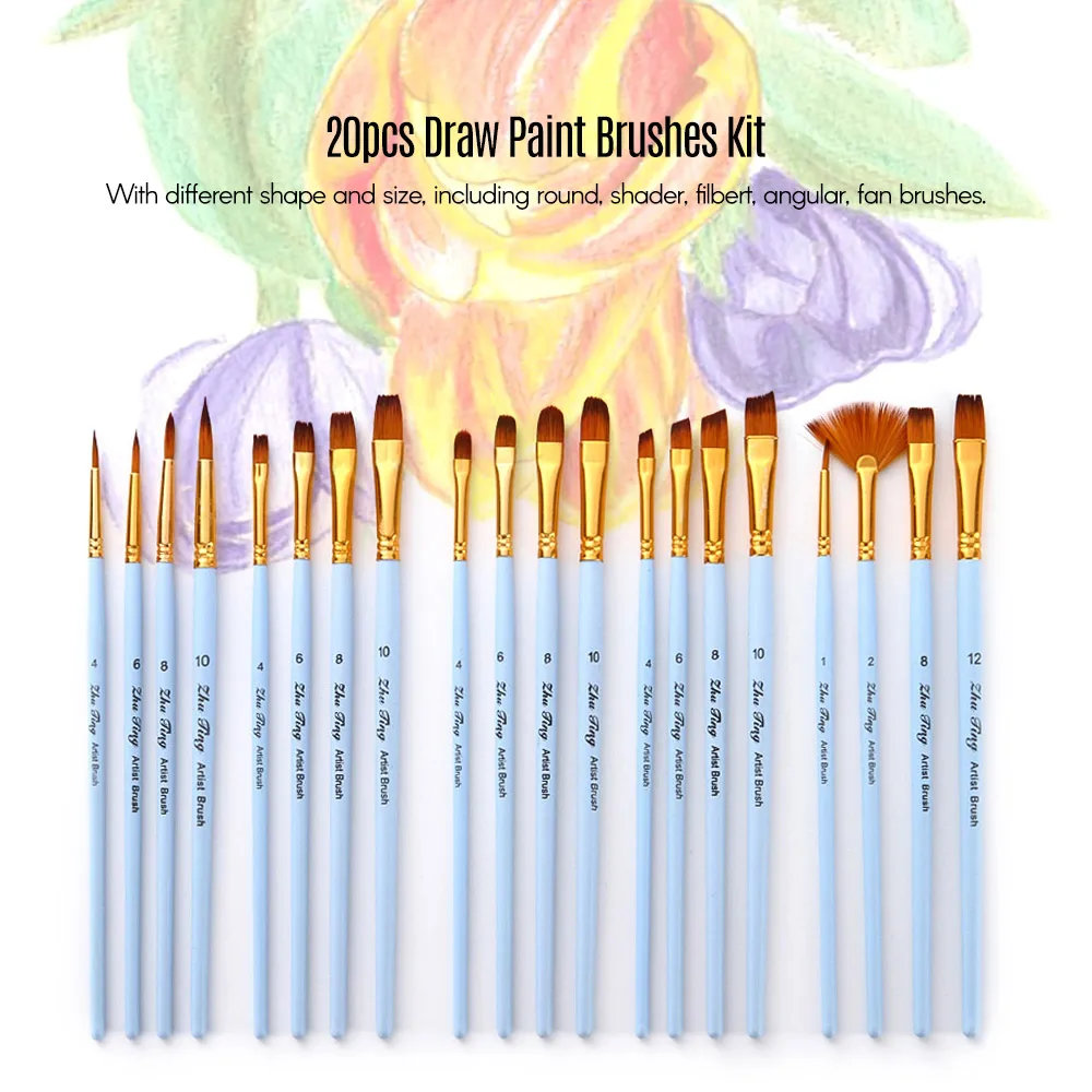 

20pcs Draw Paint Brushes Set Kit Artist Paintbrush Multiple Mediums Brushes with Nylon Hair for Watercolor Oil Face Painting