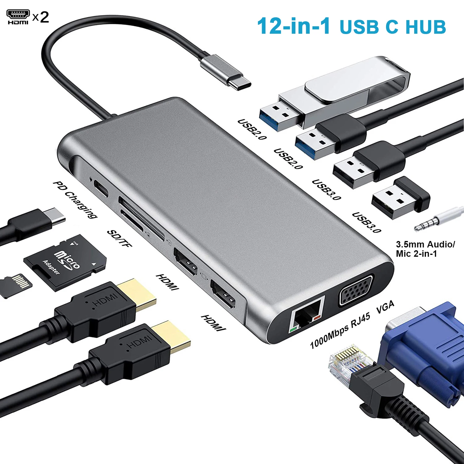 12 In 1 Usb Type C Hub Type-c To 2 Hdmi 4k Vga Rj45 Lan Ethernet Sd Tf Pd Usb-c 3.0 3.5mm Audio/mic For Macbook Pro Otg - Docking Stations &