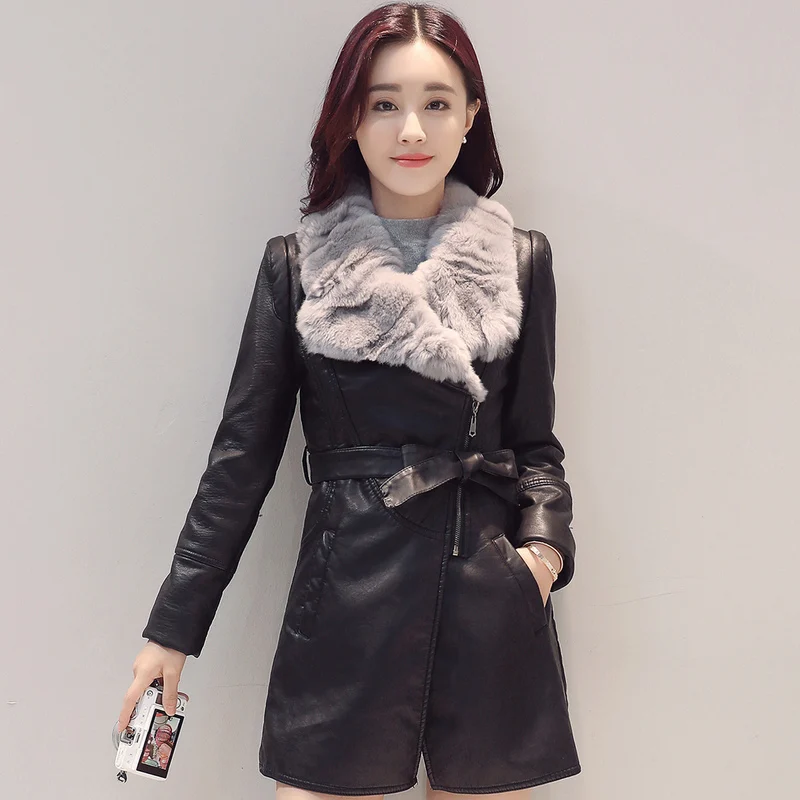 

Thick Warm Winter PU Leather Jacket Women Autumn Ladies Coats Fur Collar Long Coat Femme Jackets Abrigo Mujer LWL659