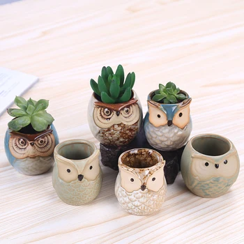 

6 Pcs Random Pattern Owl Pot Ceramic Flowing Glaze Base Serial Set Succulent Plant Pot Cactus Plant Pot Flower Pot Container