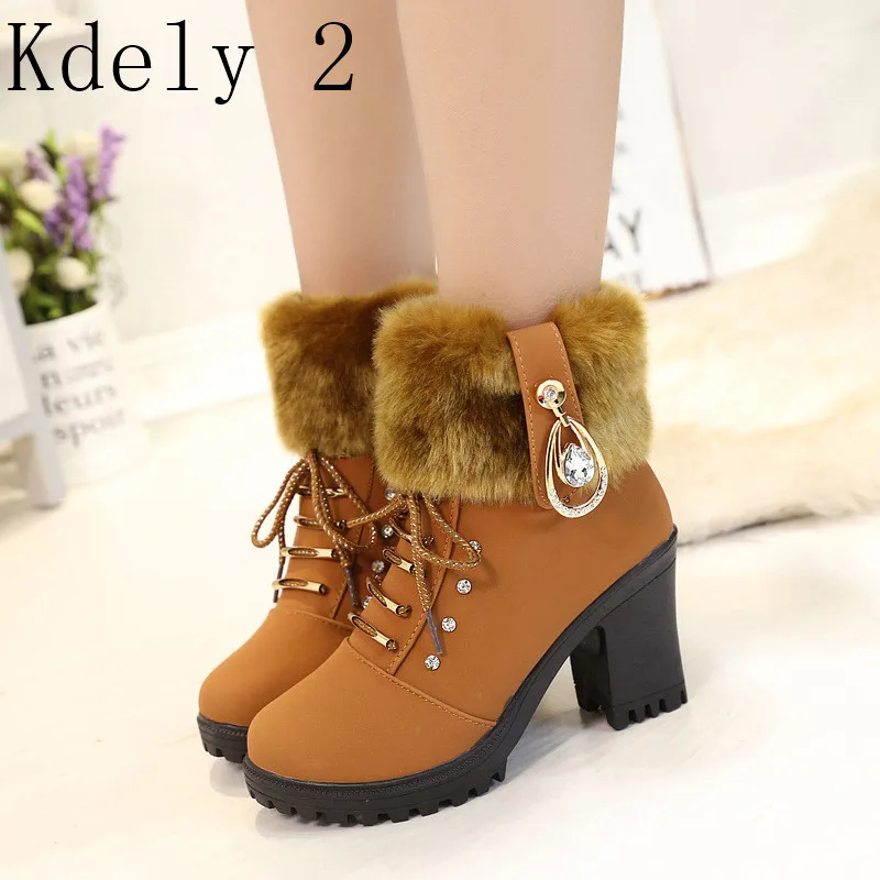 High Heel Winter Shoes Women Winter Boots Fashion Women's High Heel Boots Plush Warm Fur Shoes Ladies Brand Ankle Botas crystal