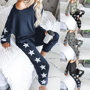 

Ladies casual long sleeve home pajamas set Fashion Women Casual Print Long Sleeves Tracksuit Nightwear Pants Sleepwear Set