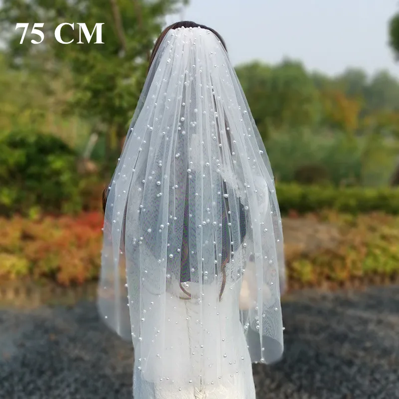 

Luxury Pearls Beads Wedding Veils With Comb White Tulle 2020 75 CM 150 CM Long Party Bridal Hair Accessories For Women