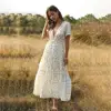 White Long Dress Women Elegant Floral Ruffle Sexy Deep V Neck Slit Dresses Summer Casual 2022 Blue Midi Clothes Ruched Trendyol ► Photo 2/6