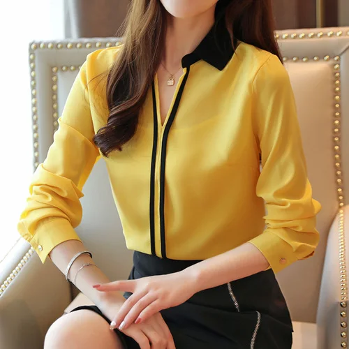 Blusas mujer de moda, шифоновая блузка, рубашка, женские топы, с длинным рукавом, одноцветные, на пуговицах, женские топы, с v-образным вырезом, рубашки для женщин 6097 50 - Цвет: Цвет: желтый