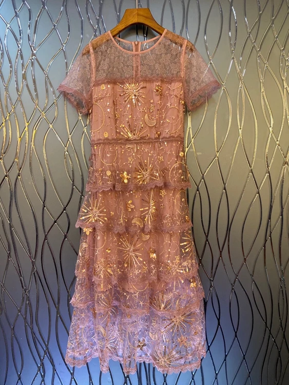 2020 Summer and Autumn New Women's Short-Sleeved Beaded Mesh Dress 0713 | Женская одежда