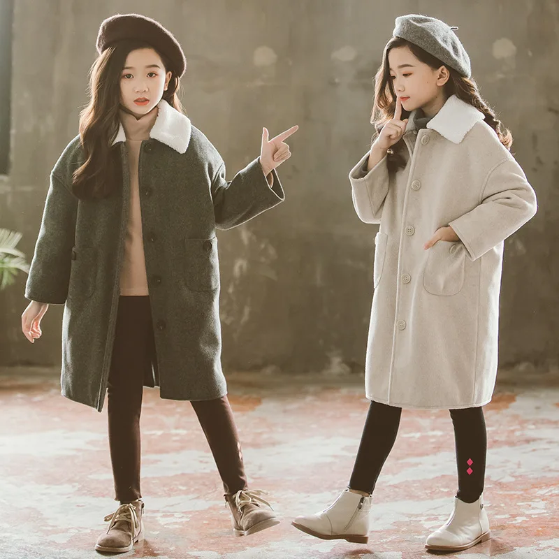 Зимние От 2 до 17 лет пальто для девочек толстые теплые шерстяные пальто для маленьких девочек Детские однобортные куртки детская верхняя одежда с меховым воротником CL116
