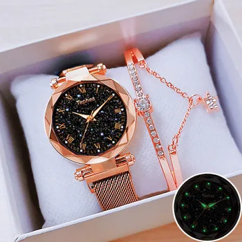

Women Watch Set With Bracelet Box Ladies 2019 Wrist Watches Starry Sky Magnetic Luminous Waterproof Female Watch For Reloj Mujer