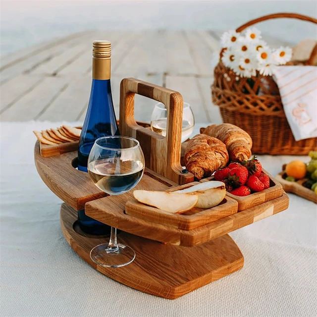 Portable Wooden Tables Outdoor Picnic Wine Table With Handle Small Folding Beach Table Retractable Legs Snack Cheese Tray Party 3