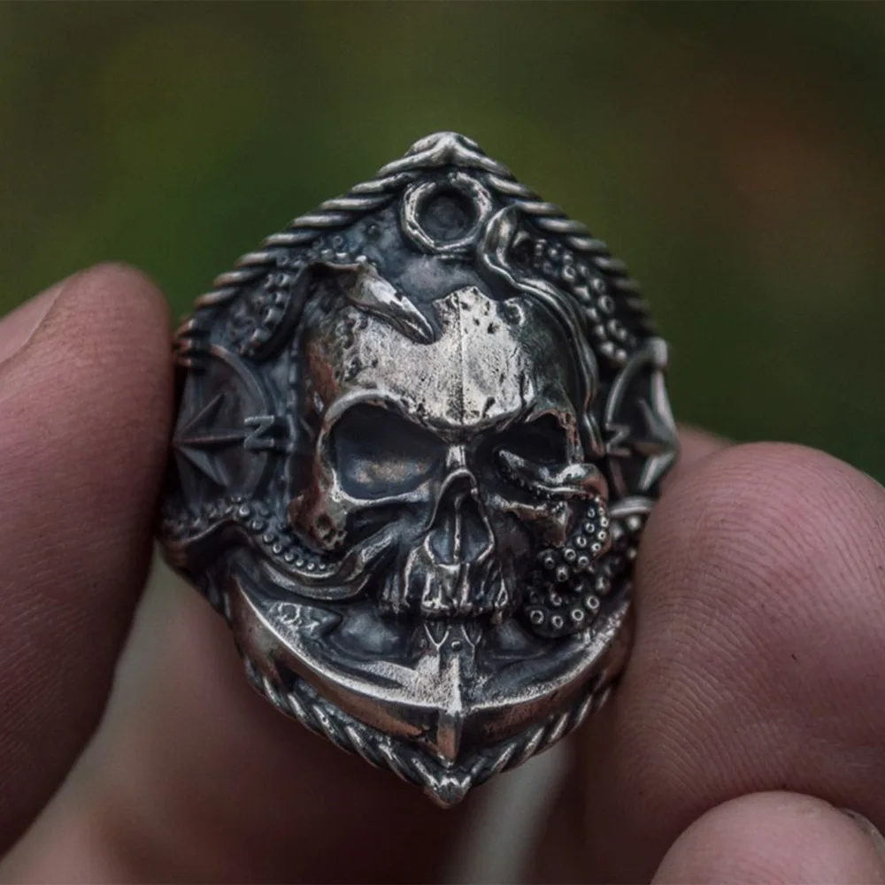 

Punk alloy man skull ring squid adsorb compass shape skull head ornaments