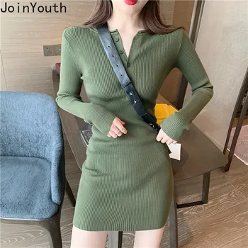 

Joinyouth Sexy Bodycon Dress Women Solid High Waist Stretch Long Sleeve Fashion Vestidos V Neck 2020 Korean Mini Dresses J402