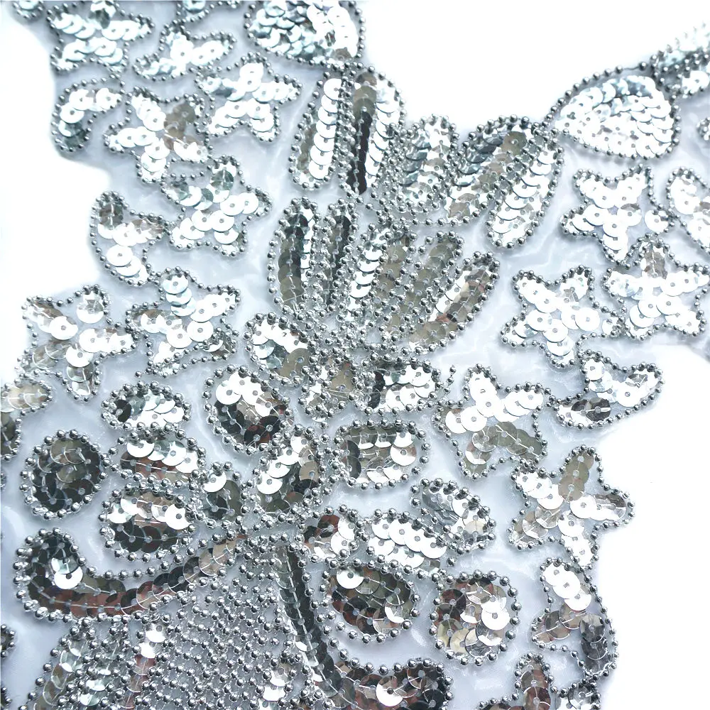 Серебряное блестящее кружево ткань бусины кисточкой свадебное платье аппликация Dreamy воротник барокко вышивка пришить патч для платья DIY Декор