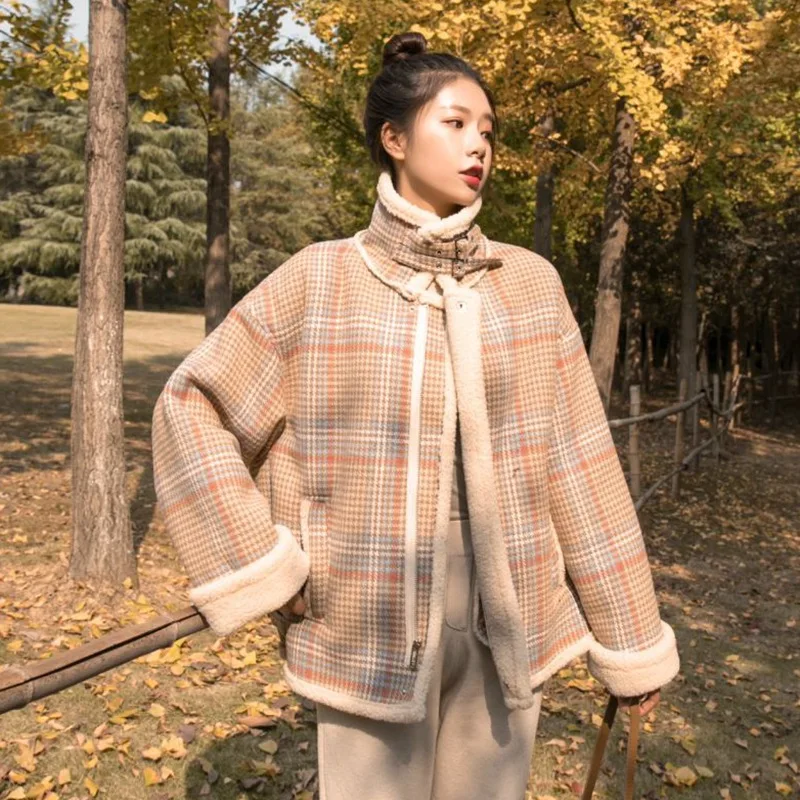 

Photo Shoot CHIC Handsome Stand Collar Yellow Pattern Lambs Wool Jacket Motorcycle Cropped Jacket Short-height Cotton Coat Women