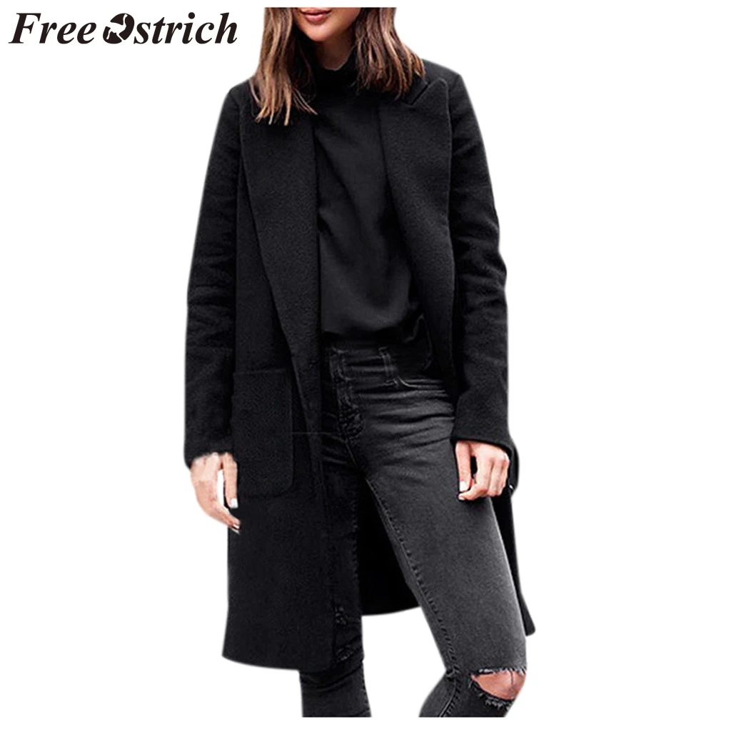 

FREE OSTRICH Coat Women Lapel Pocket Long Sleeve Woolen Button Solid Color Black Large Size Dignified Autumn Winter Coat Women