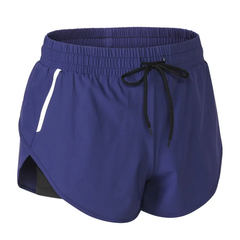 Женские спортивные шорты с высокой талией для йоги двухслойные боковые сетчатые анти-легкие тренировочные быстросохнущие тянущиеся для фитнеса шорты - Цвет: dark blue