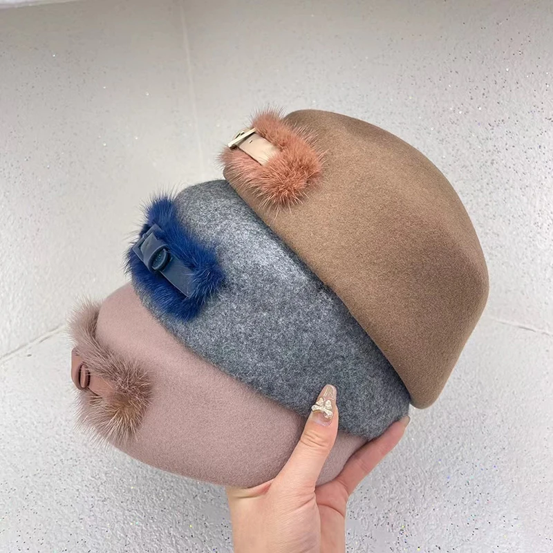 

Korean Designer Fall Winter Superior Wool Real Fur Leather Belt Lady Beret Hat Women Casual Painter Cat Ear Hat High Quality
