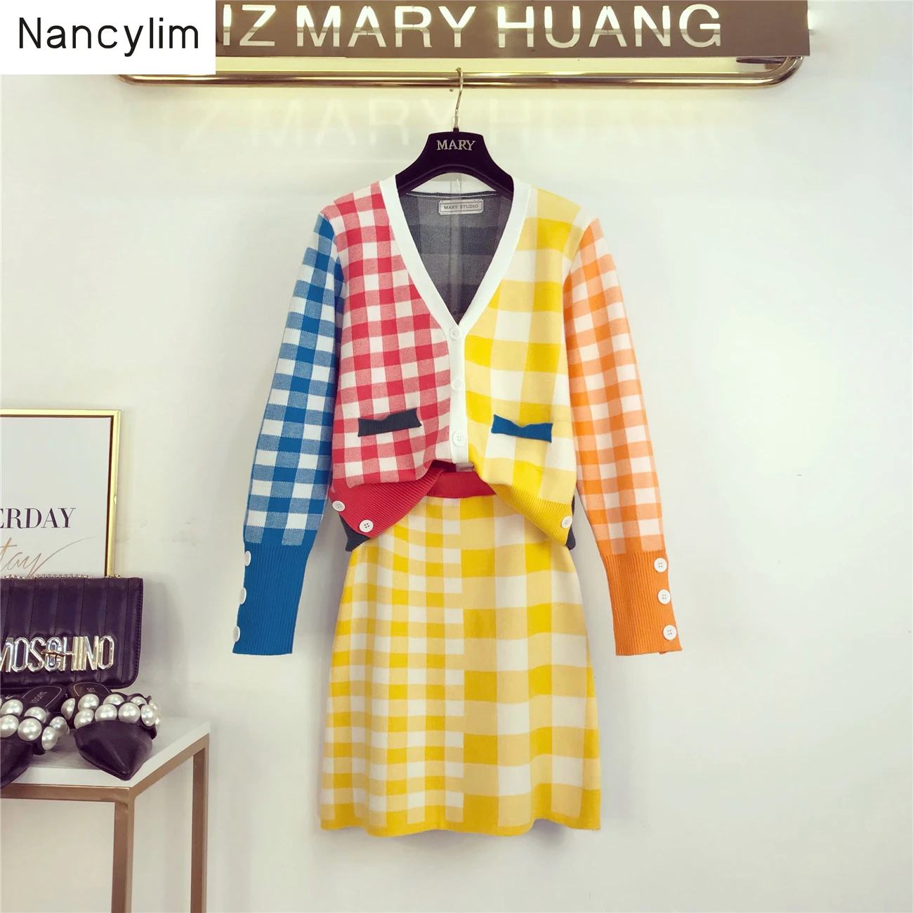 

2019 Spring Autumn New Two-piece Suit Colored Plaid Knitted V-neck Cardigan + High-waist Skirt Femme Tracksuit Student Sets