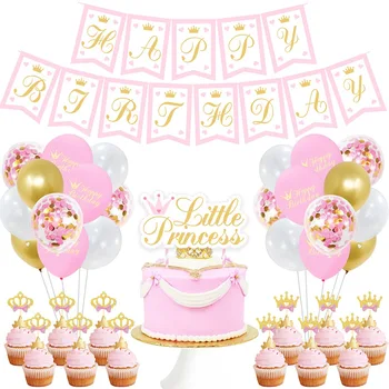 

Princess Theme Party Decoration Princess Crown Pull Flag Queen Cake Card Birthday Pink Suit Happy Birthday Decoration Banner