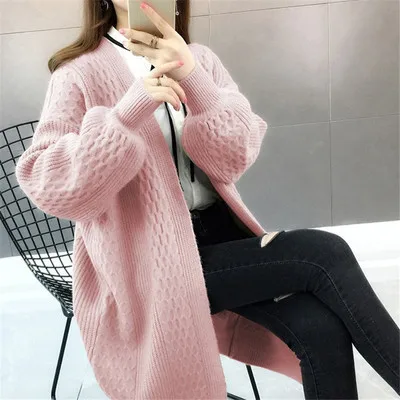 pink Женский вязаный свитер, осенний, удобный, синий, красный, черный кардиган, рукав-фонарик, открытая строчка, Повседневный свитер для девочек, Invierno, Свободный кардиган - Цвет: pink