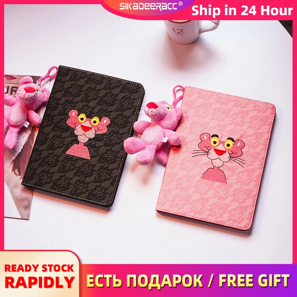 

Pink Panther Doll Case For iPad 2017 New Mini 4 3 2 1 Air 2 1 iPad 4 3 2 Pro 9.7" Embroidery Cover Smart PU Leather Table Stand