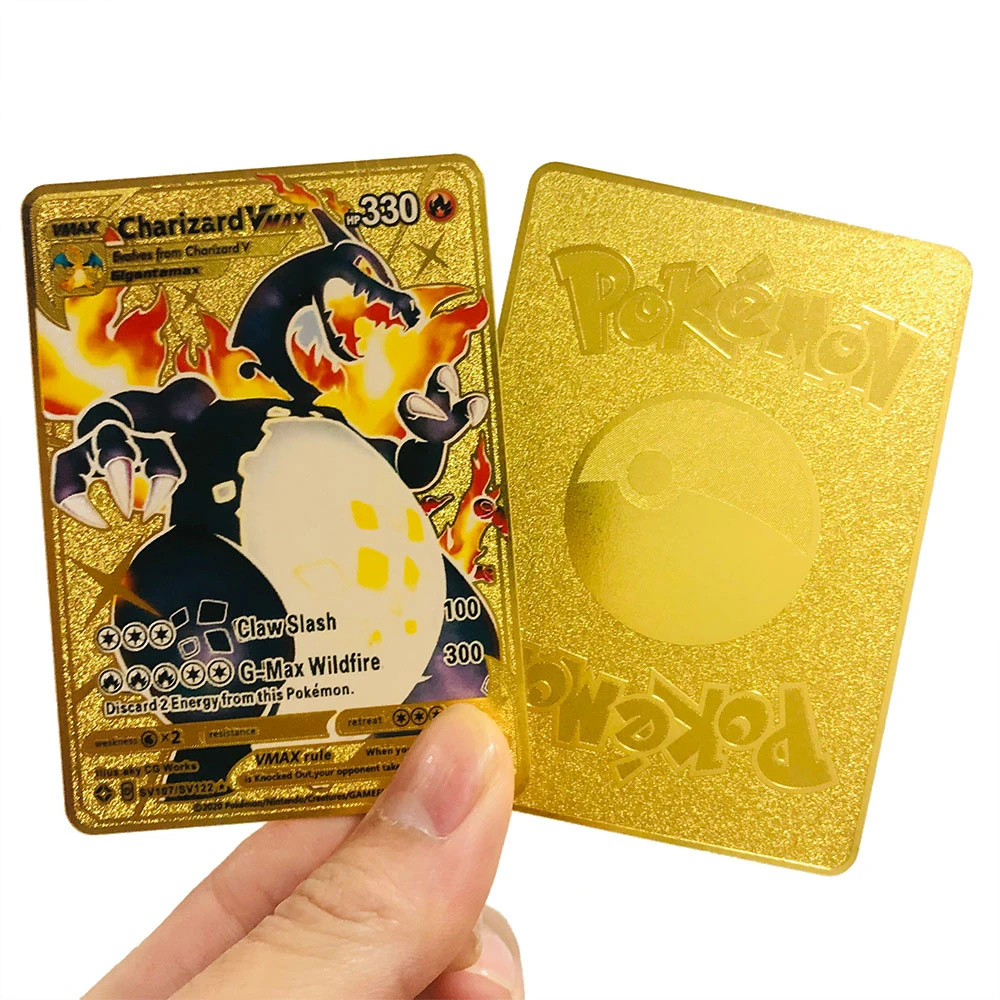 New Pokemon English Charizard Vmax Mewtwo Shiny Gold Stainless Steel Metal Card Game Team Fighting Series Kid Christmas Gift Game Collection Cards Aliexpress
