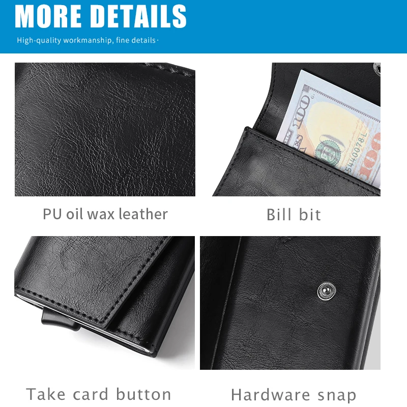 Aluminum Metal Pop up Credit Card Wallet 2021 New Fashion Men RFID NFC Protection Tri-fold PU Synthetic Vintage Smart  Wallet
