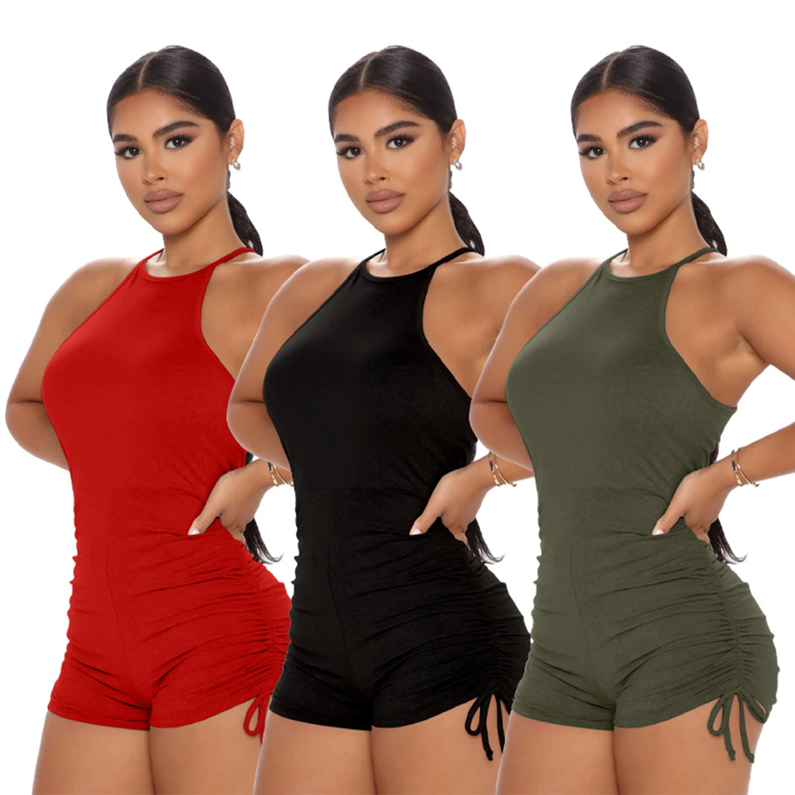 

Women Solid Short Romper Drawstring Slim Fit Sleeveless Round Collar Jumpsuit Romper Slim Fit Summer Jumpsuits Female Clothes