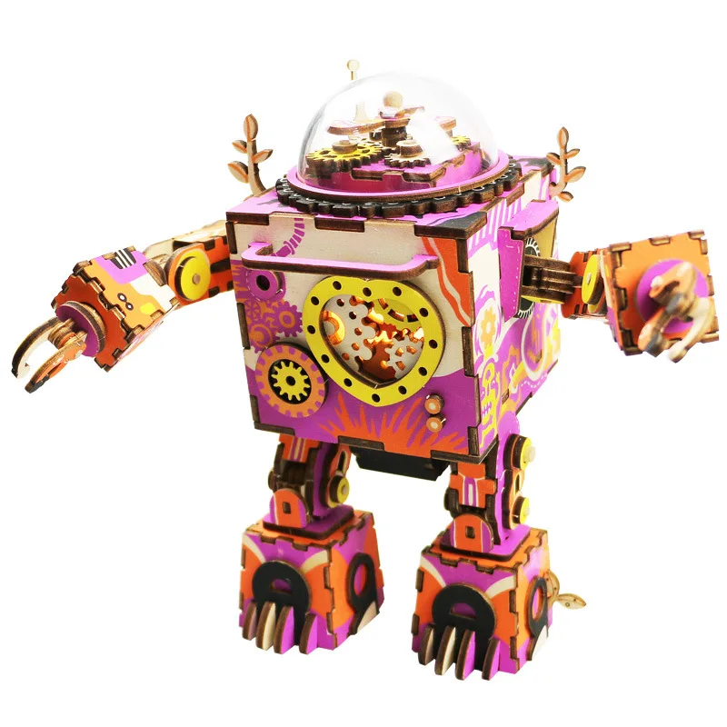 Diy Music Box Three-Dimensional Puzzle Wooden Toy Creative Space Series Model Robot Music Box Gift Double Color Optional