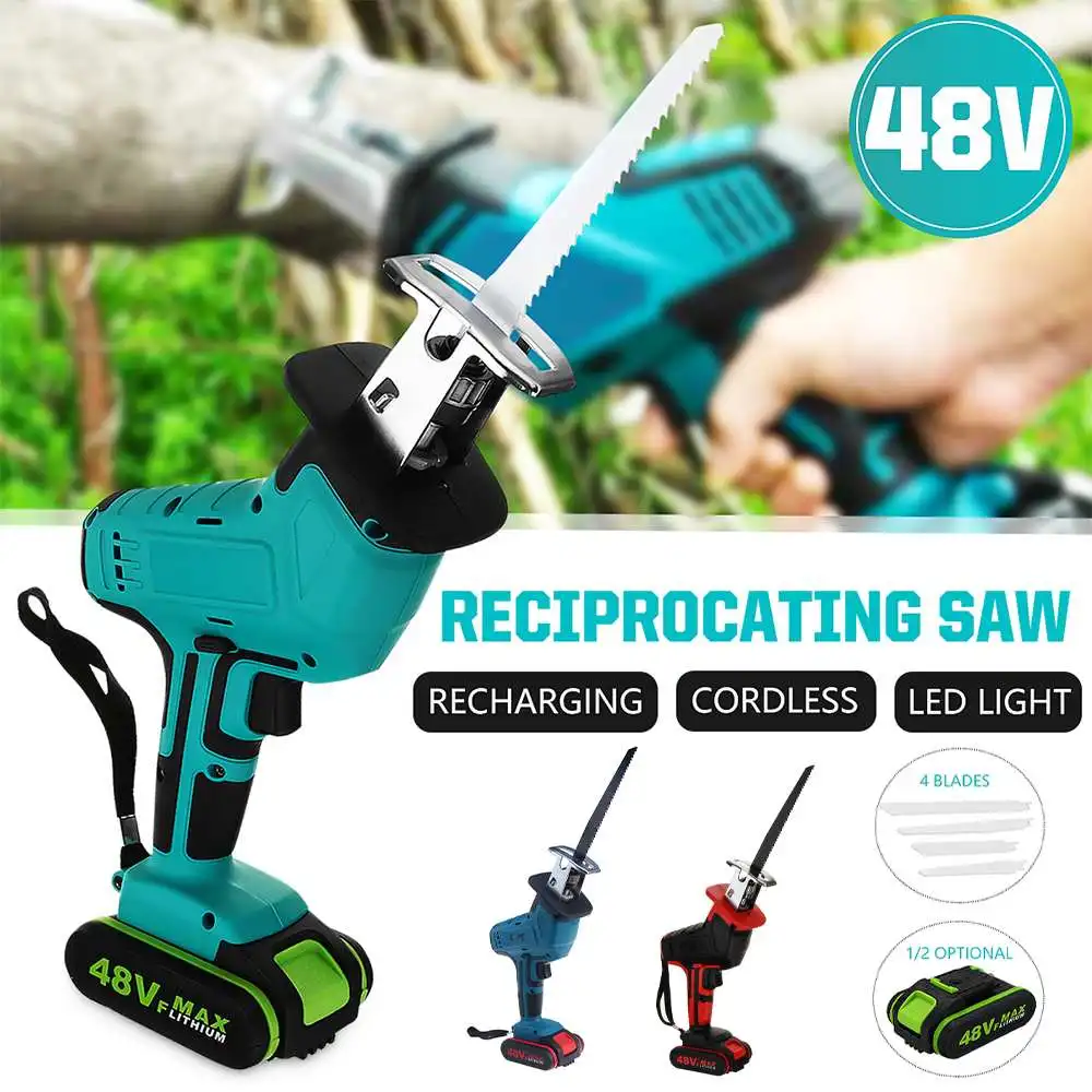 48V Reciprocating Saw Cordless Chainsaws + 4 Saw Blade Metal Cutting Wood Power Tools Portable Woodworking Cutters AC 110V-240V