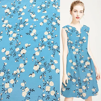 

Floral print on blue background pure silk crepe de chine silk fabric 138cm width,SCDC1160