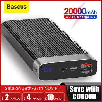 

Baseus 20000mAh Power Bank Quick Charge 3.0 USB Type C PD Fast Charging Powerbank Portable External Battery Phone Charger