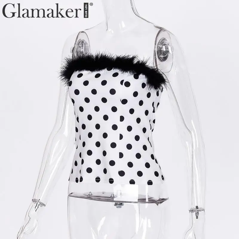 Glamaker, трикотажные майки в горошек с открытыми плечами, женские элегантные майки в стиле пэчворк с перьями, женские пикантные вечерние майки на осень и зиму